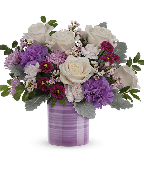 lavender and cream flower arrangement