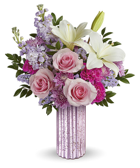 pink and lavender bouquet in wildflower style with roses, lilies, chrysanthemums, and more